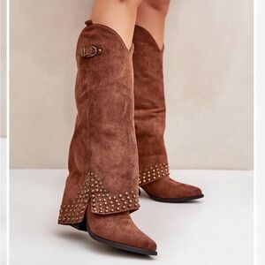Brown Suede Studded Knee-High Boots